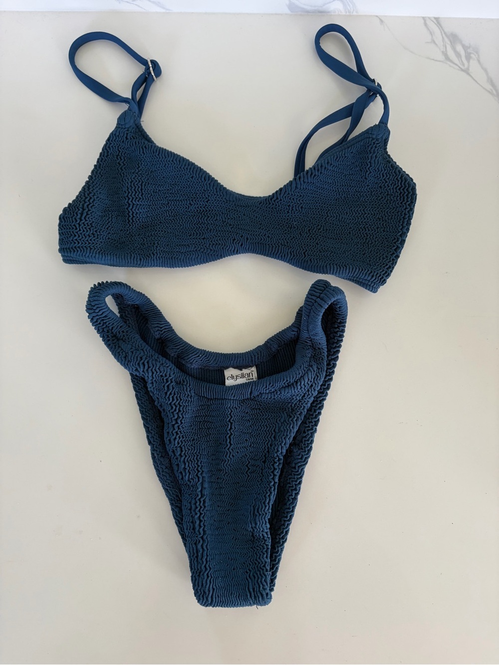 Smocked Textured Bikini Set - Deep Teal Blue